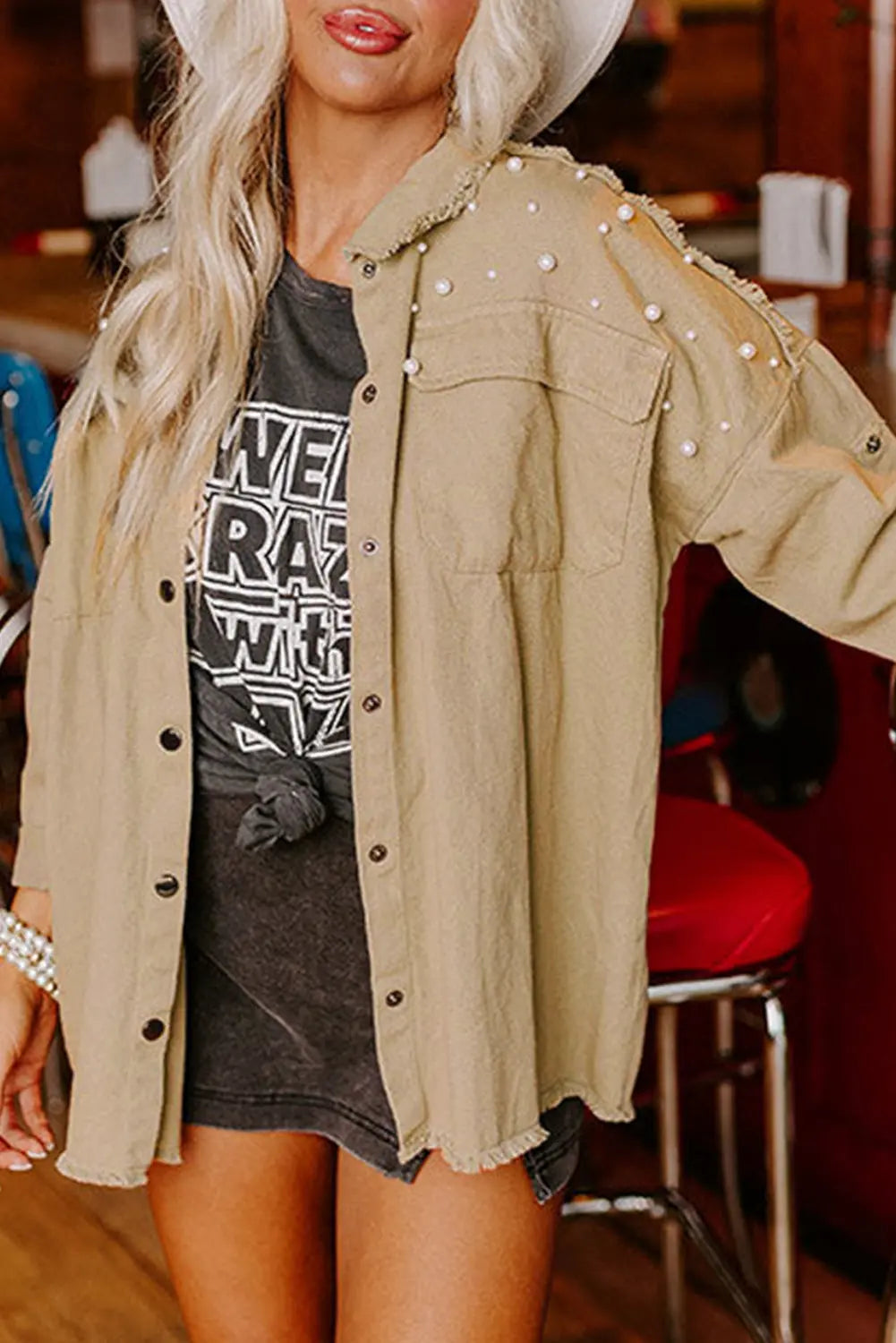 Bonbon Pearl Beaded Raw Hem Button Up Denim Jacket Beagle Boutique Fashion Outlet