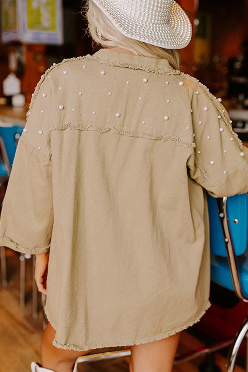 Bonbon Pearl Beaded Raw Hem Button Up Denim Jacket Beagle Boutique Fashion Outlet