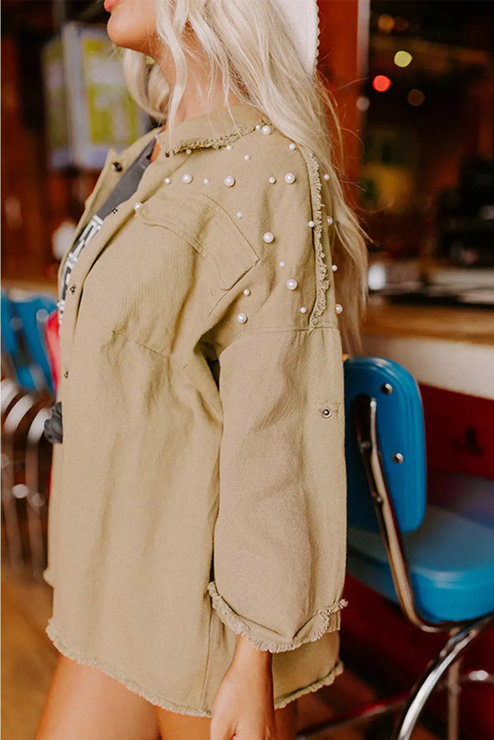 Bonbon Pearl Beaded Raw Hem Button Up Denim Jacket Beagle Boutique Fashion Outlet