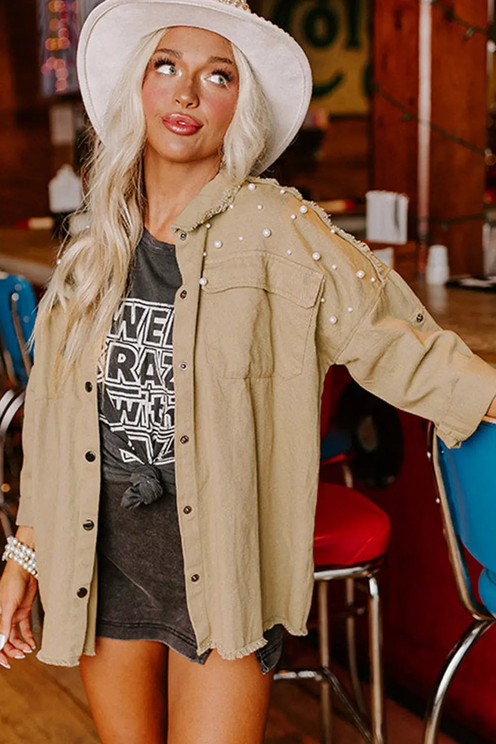 Bonbon Pearl Beaded Raw Hem Button Up Denim Jacket Beagle Boutique Fashion Outlet