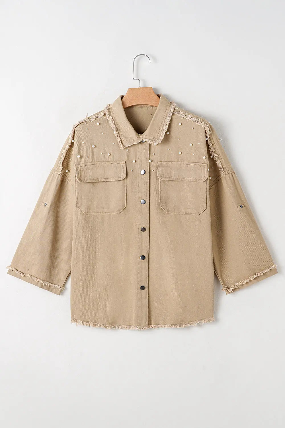 Bonbon Pearl Beaded Raw Hem Button Up Denim Jacket Beagle Boutique Fashion Outlet