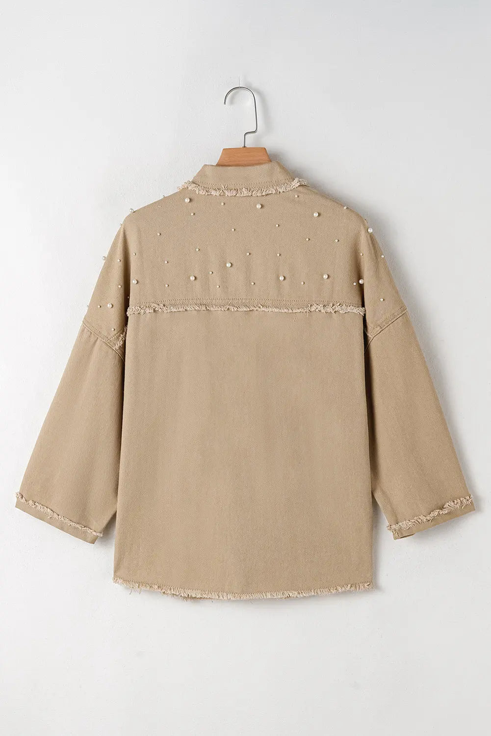 Bonbon Pearl Beaded Raw Hem Button Up Denim Jacket Beagle Boutique Fashion Outlet