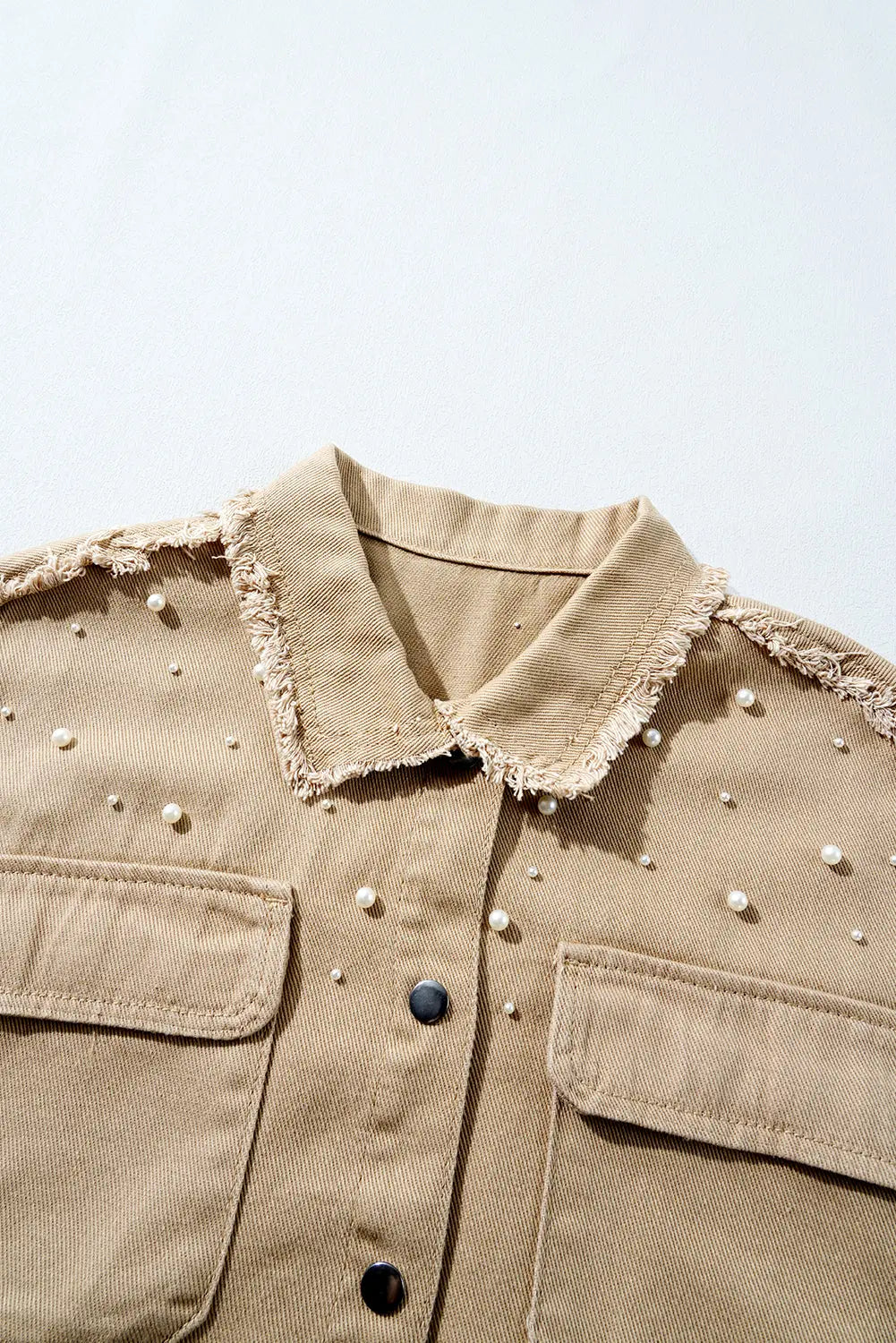 Bonbon Pearl Beaded Raw Hem Button Up Denim Jacket Beagle Boutique Fashion Outlet