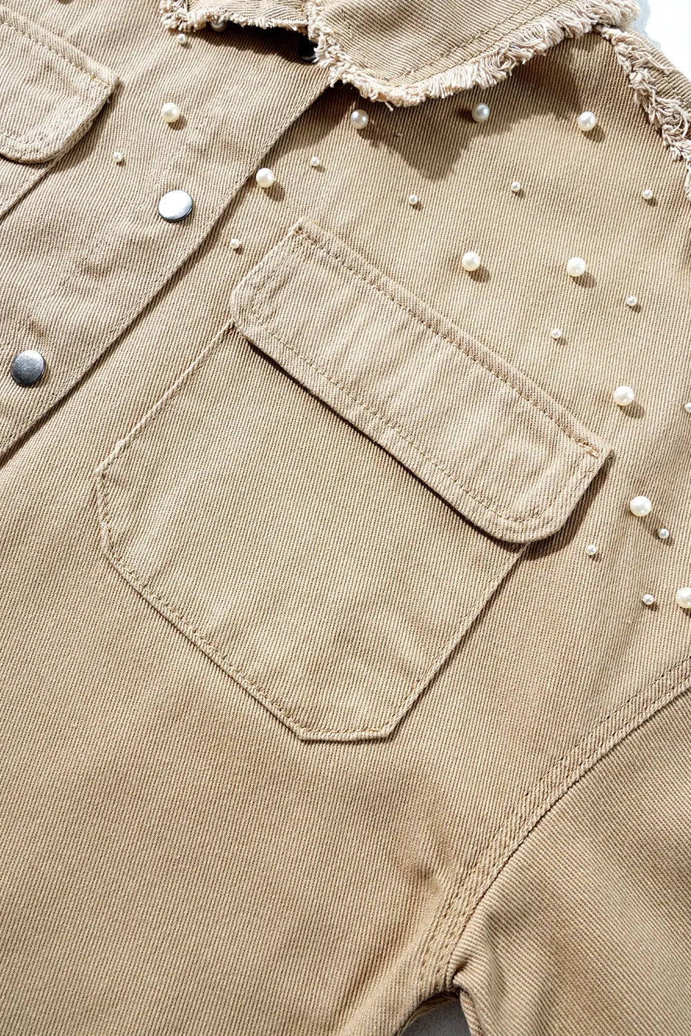 Bonbon Pearl Beaded Raw Hem Button Up Denim Jacket Beagle Boutique Fashion Outlet