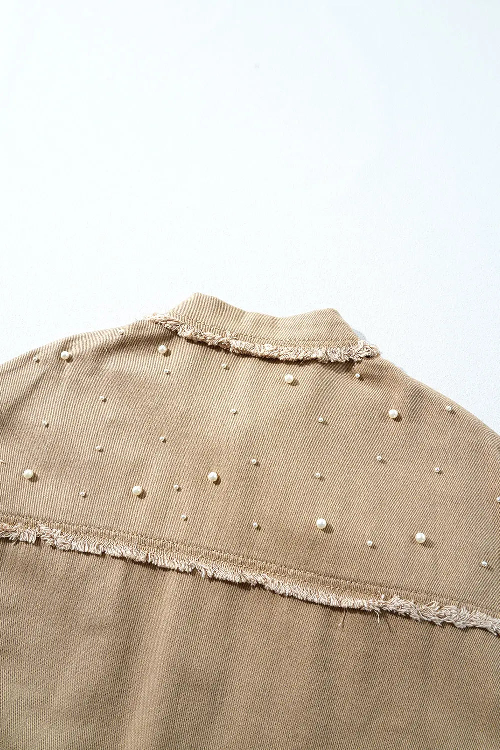 Bonbon Pearl Beaded Raw Hem Button Up Denim Jacket Beagle Boutique Fashion Outlet