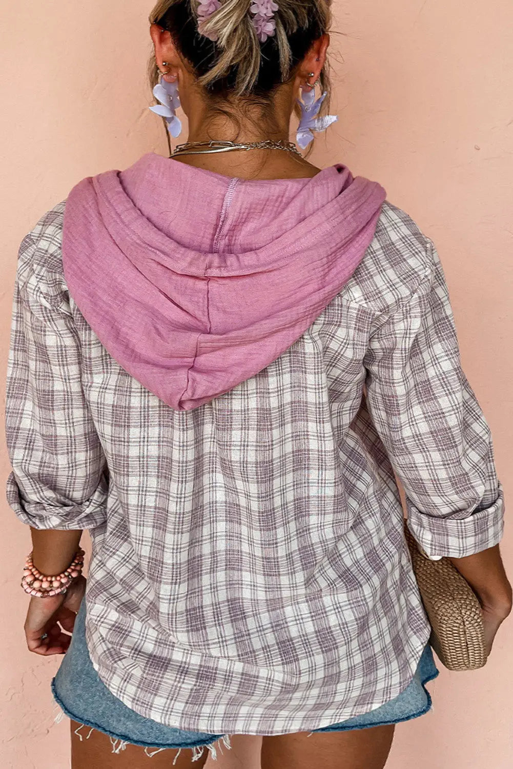 Bonbon Plaid Print Drawstring Hooded Button-up Plus Size Shirt Beagle Boutique Fashion Outlet