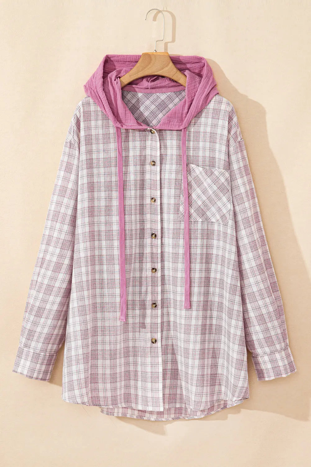 Bonbon Plaid Print Drawstring Hooded Button-up Plus Size Shirt Beagle Boutique Fashion Outlet