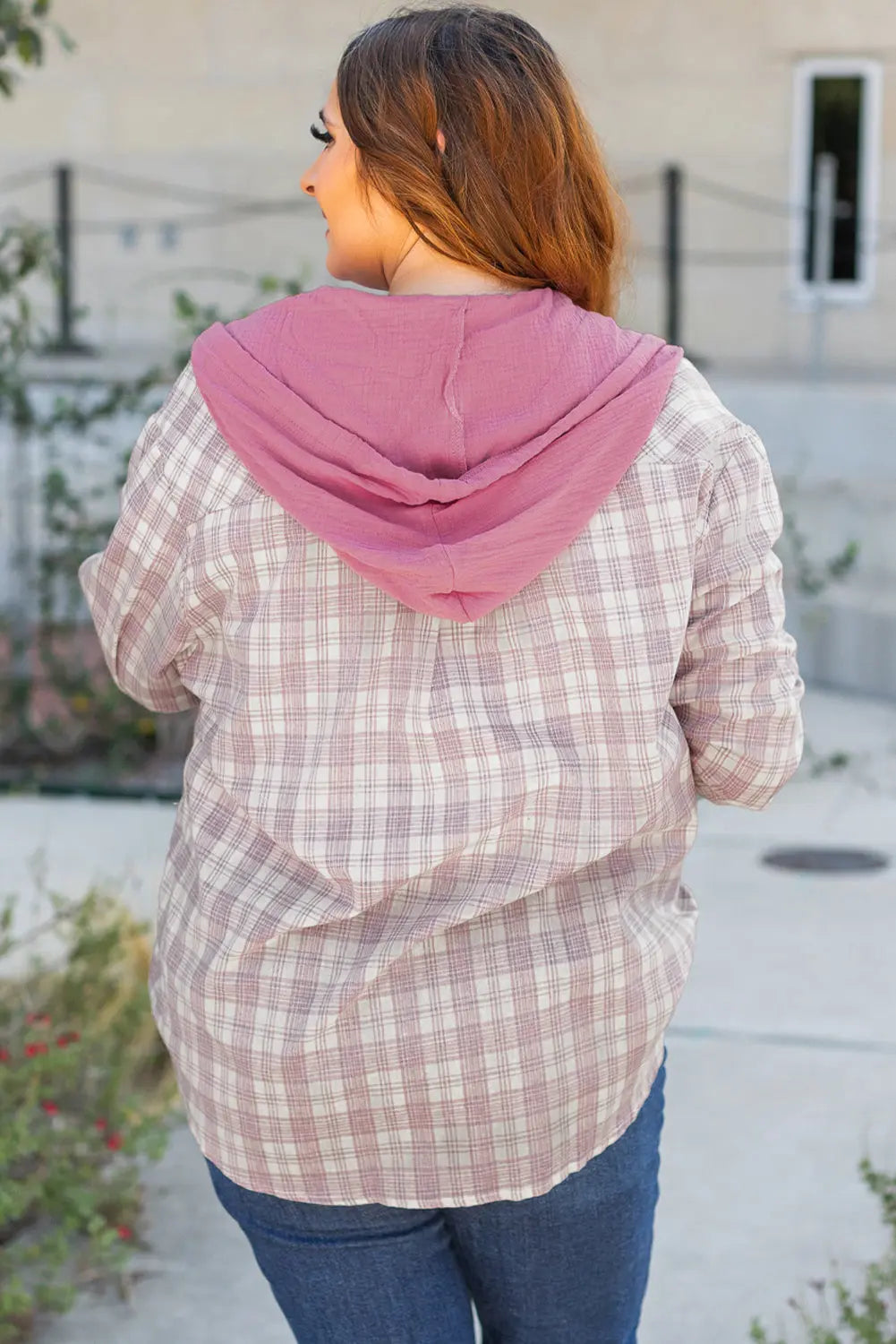 Bonbon Plaid Print Drawstring Hooded Button-up Plus Size Shirt Beagle Boutique Fashion Outlet