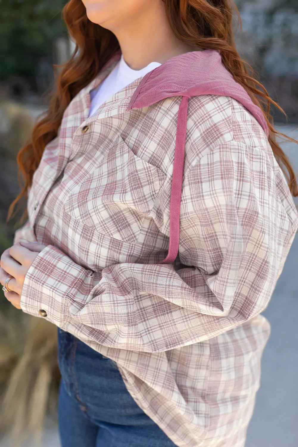 Bonbon Plaid Print Drawstring Hooded Button-up Plus Size Shirt Beagle Boutique Fashion Outlet