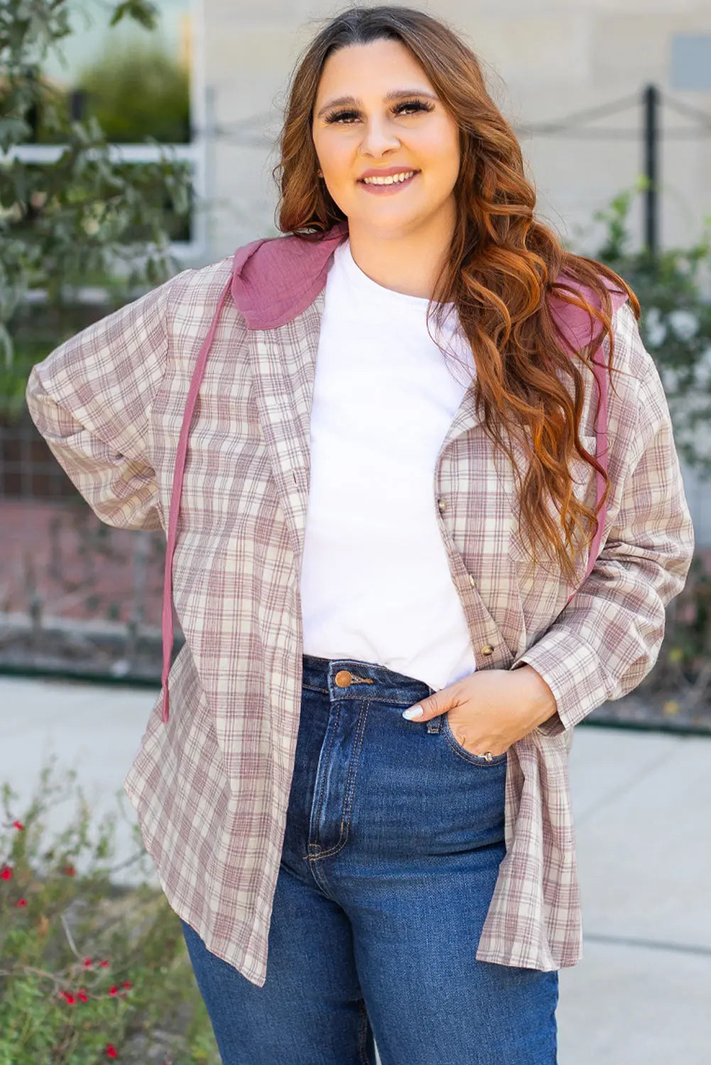 Bonbon Plaid Print Drawstring Hooded Button-up Plus Size Shirt Beagle Boutique Fashion Outlet