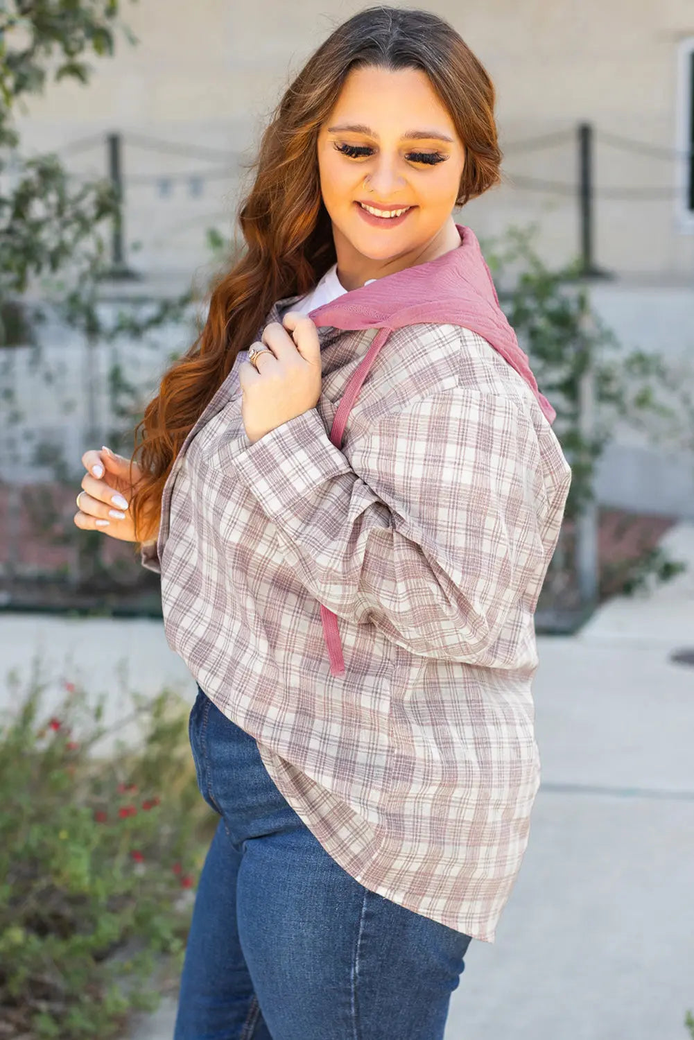 Bonbon Plaid Print Drawstring Hooded Button-up Plus Size Shirt Beagle Boutique Fashion Outlet
