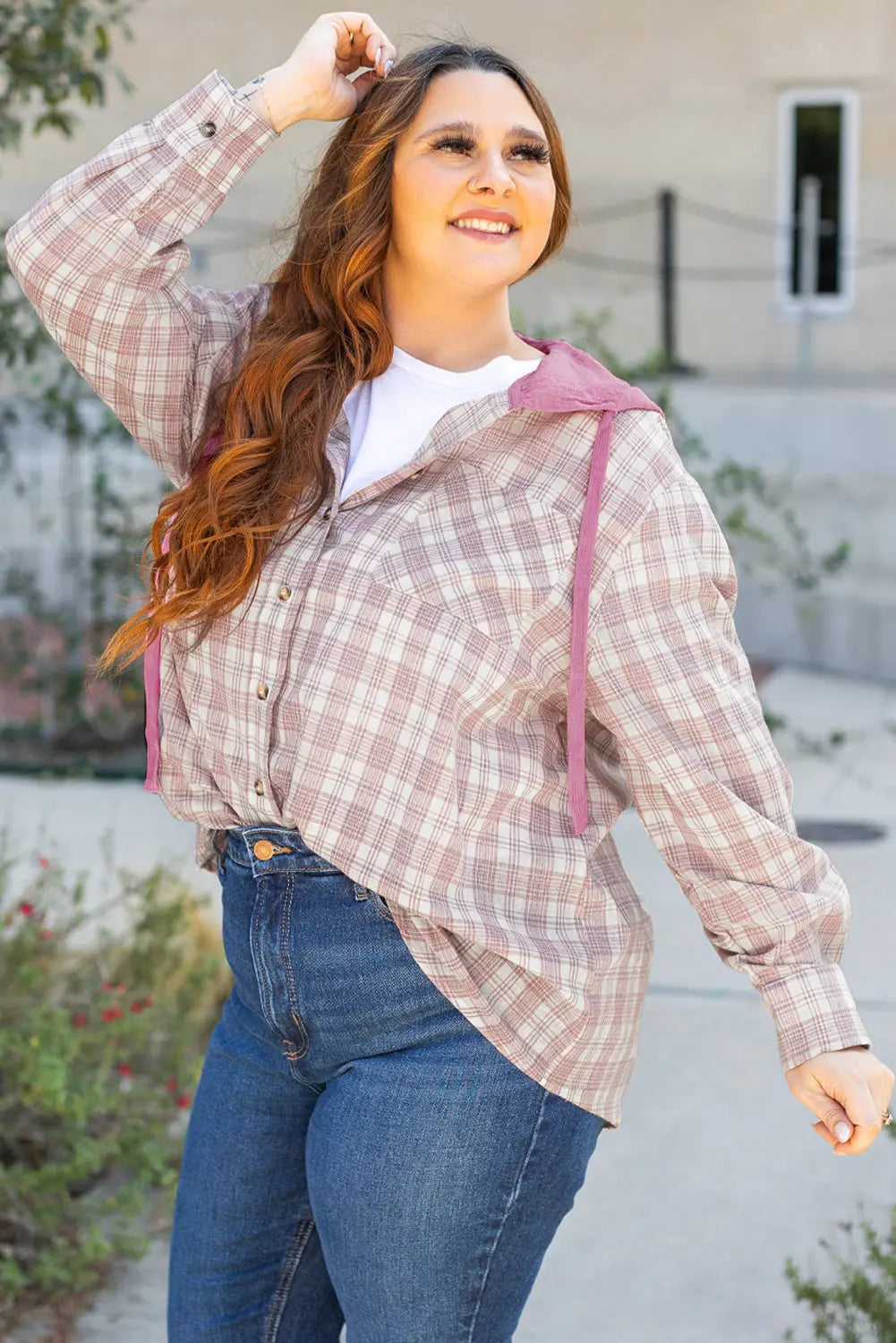 Bonbon Plaid Print Drawstring Hooded Button-up Plus Size Shirt Beagle Boutique Fashion Outlet
