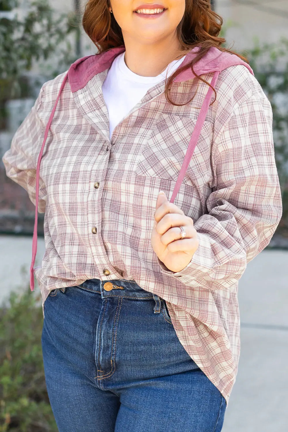 Bonbon Plaid Print Drawstring Hooded Button-up Plus Size Shirt Beagle Boutique Fashion Outlet