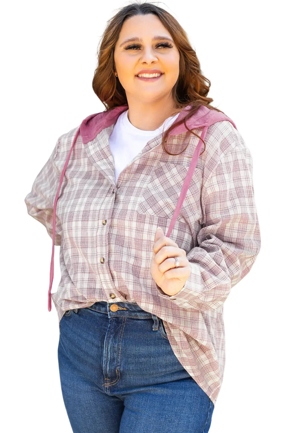 Bonbon Plaid Print Drawstring Hooded Button-up Plus Size Shirt Beagle Boutique Fashion Outlet