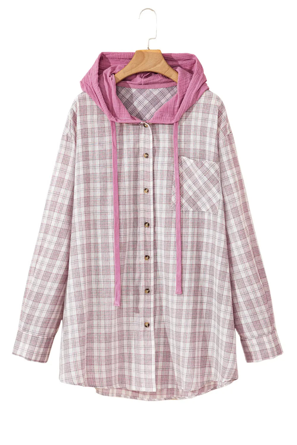 Bonbon Plaid Print Drawstring Hooded Button-up Plus Size Shirt Beagle Boutique Fashion Outlet