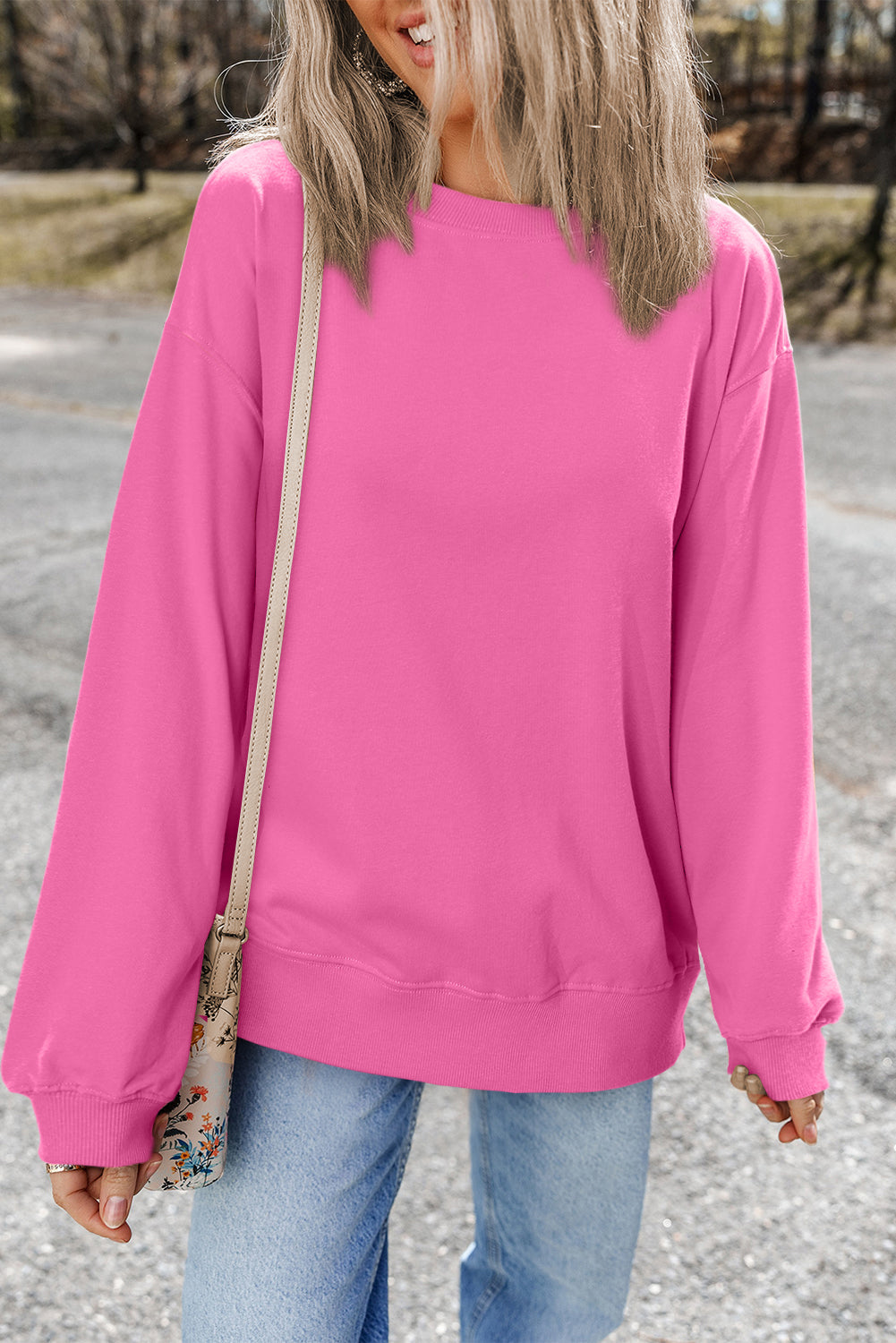 Bonbon Plain Drop Shoulder Crewneck Pullover Sweatshirt - eAura