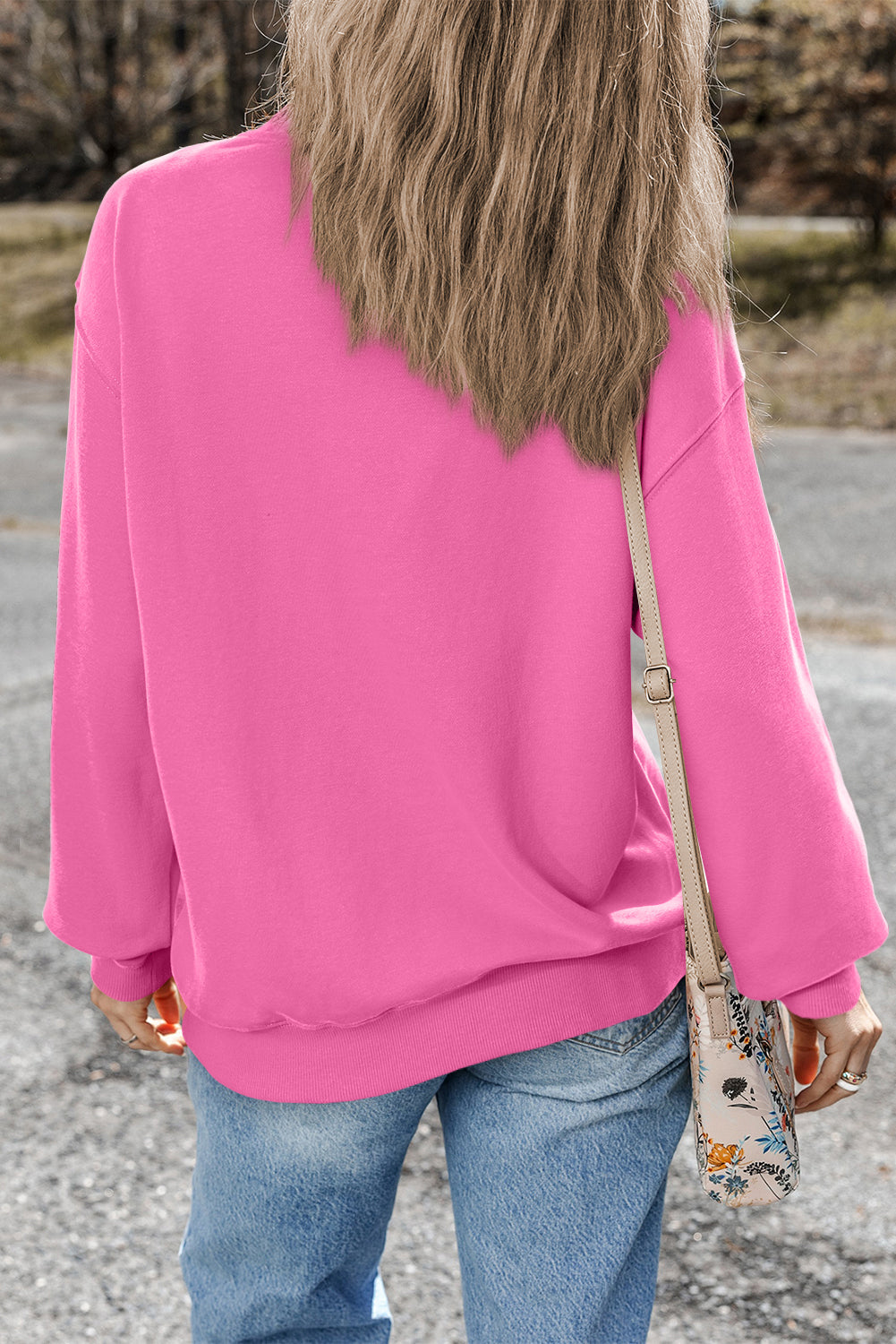 Bonbon Plain Drop Shoulder Crewneck Pullover Sweatshirt - eAura