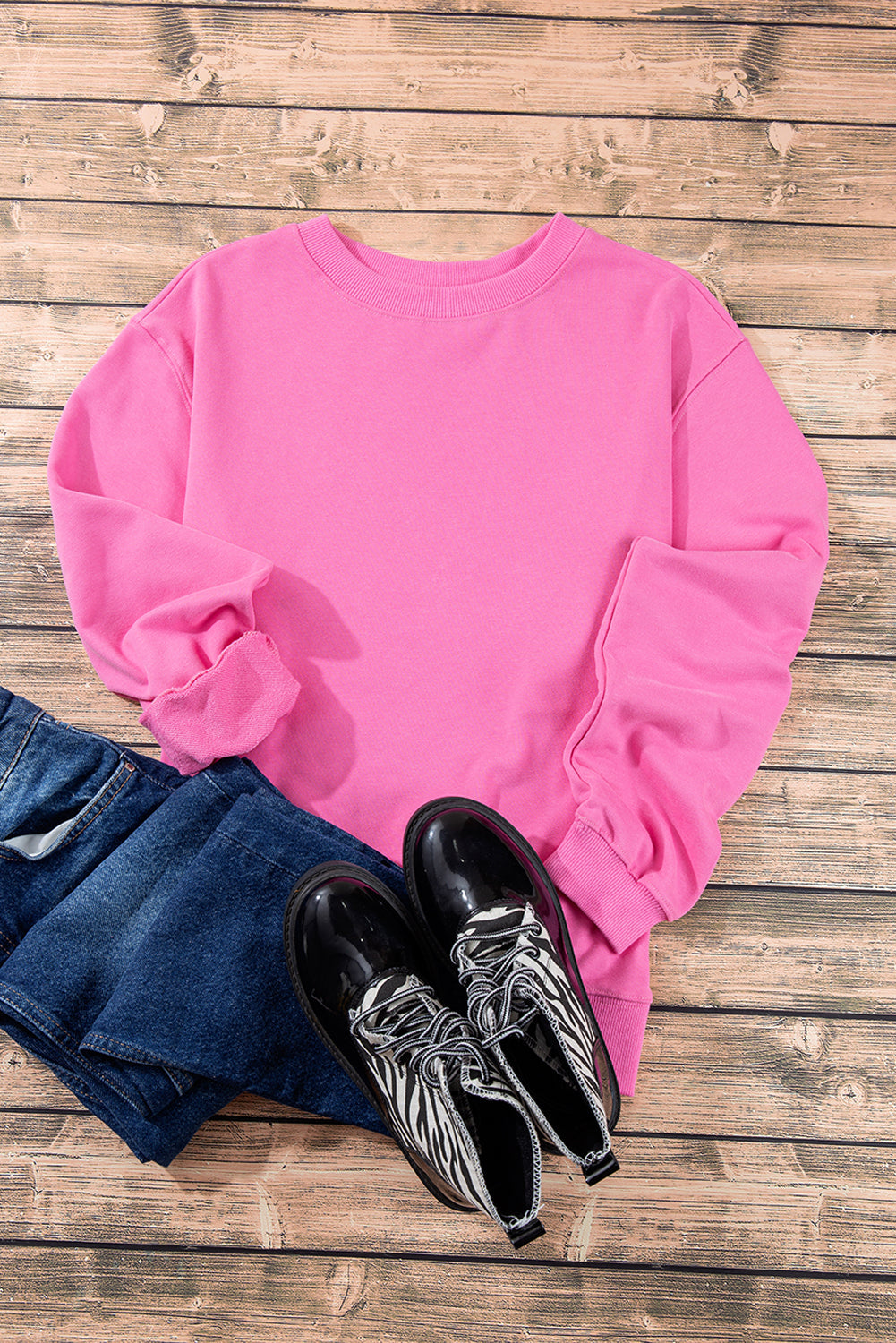 Pink Plain Drop Shoulder Crewneck Pullover Sweatshirt - Tops/Sweatshirts & Hoodies