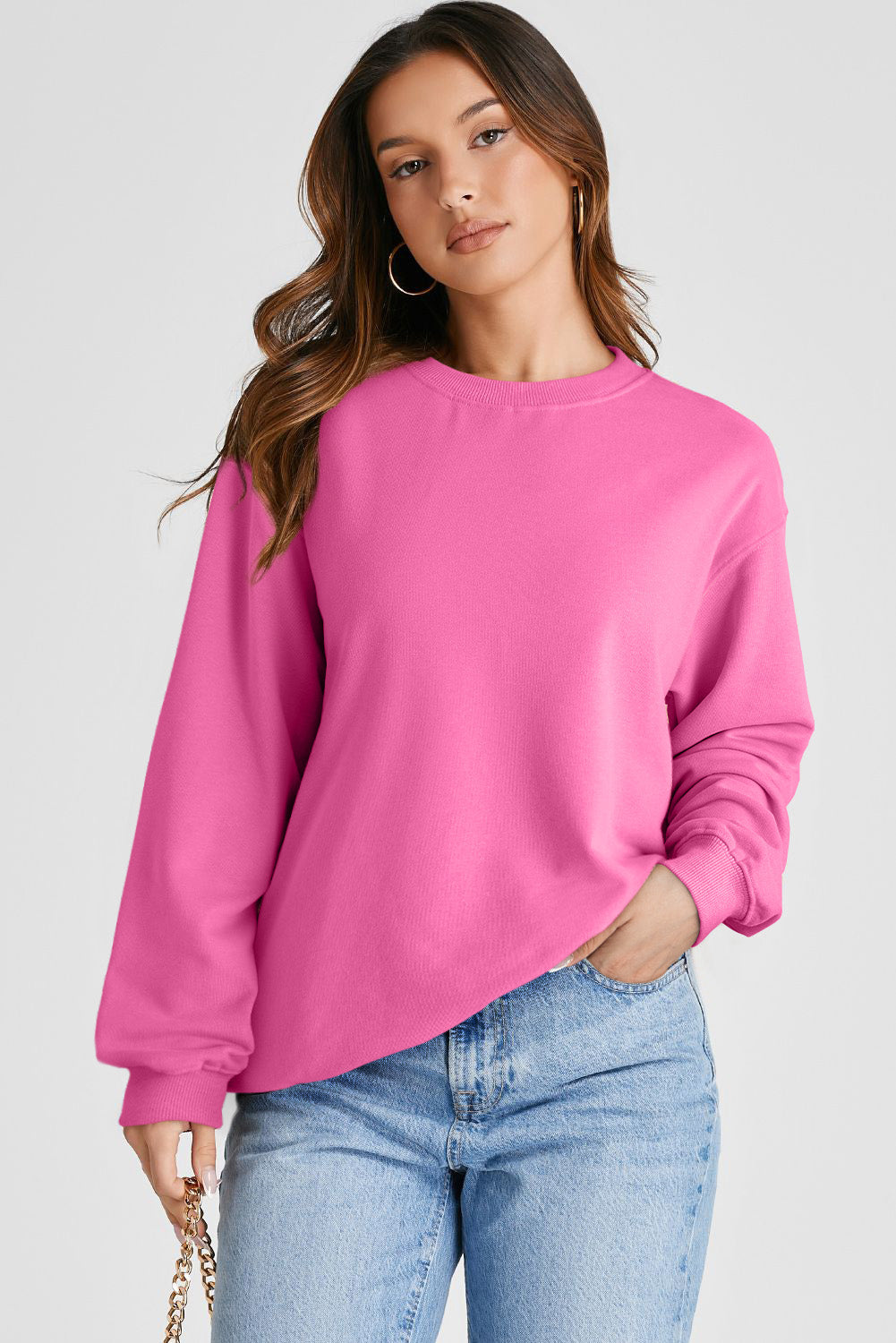 Pink Plain Drop Shoulder Crewneck Pullover Sweatshirt - Tops/Sweatshirts & Hoodies