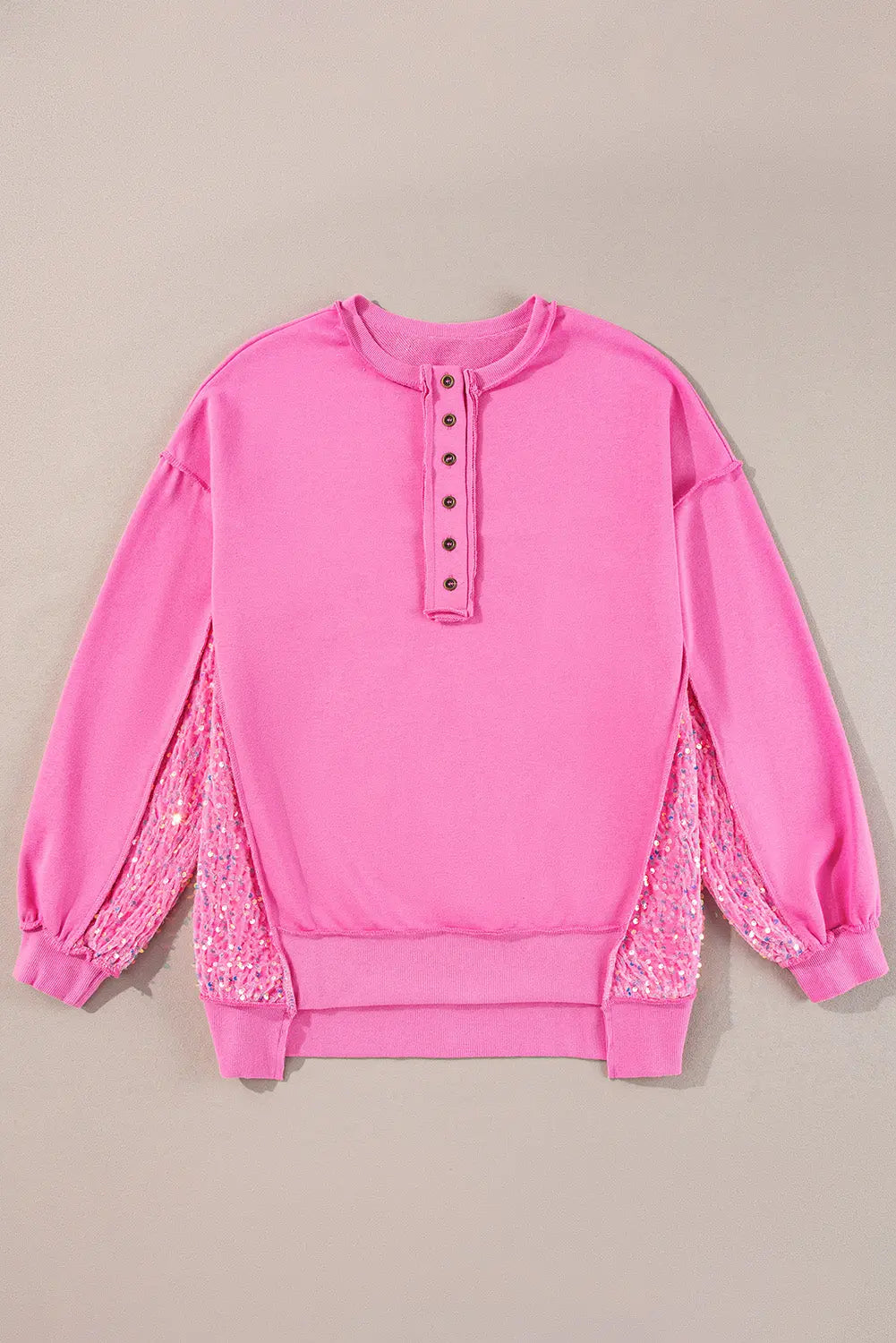 Pink Sequin Patchwork High Low Hem Henley Sweatshirt - Tops/Sweatshirts & Hoodies