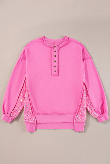 Pink Sequin Patchwork High Low Hem Henley Sweatshirt - Tops/Sweatshirts & Hoodies