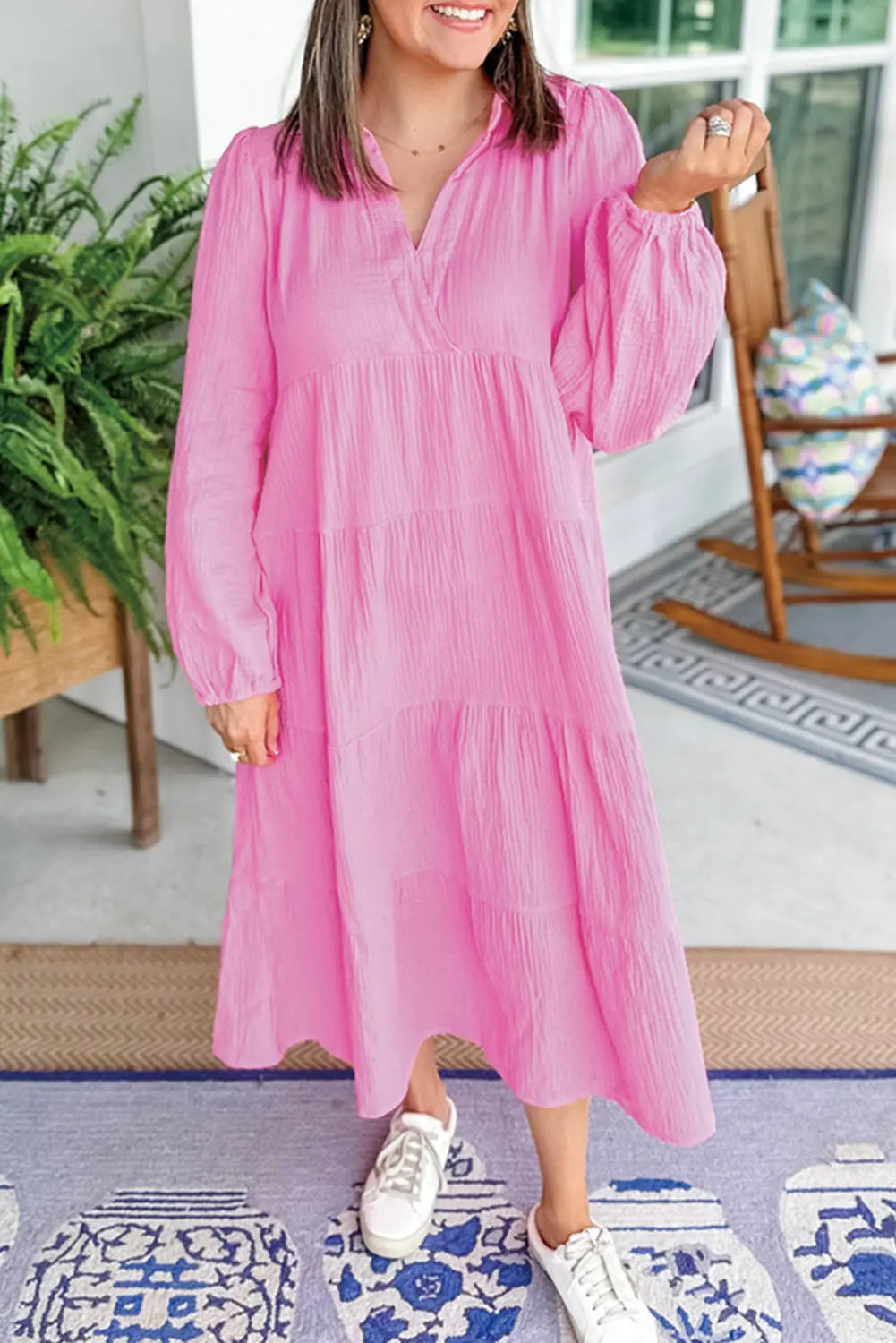 Bonbon Solid Collared V Neck Tiered Loose Fit Midi Dress Beagle Boutique Fashion Outlet