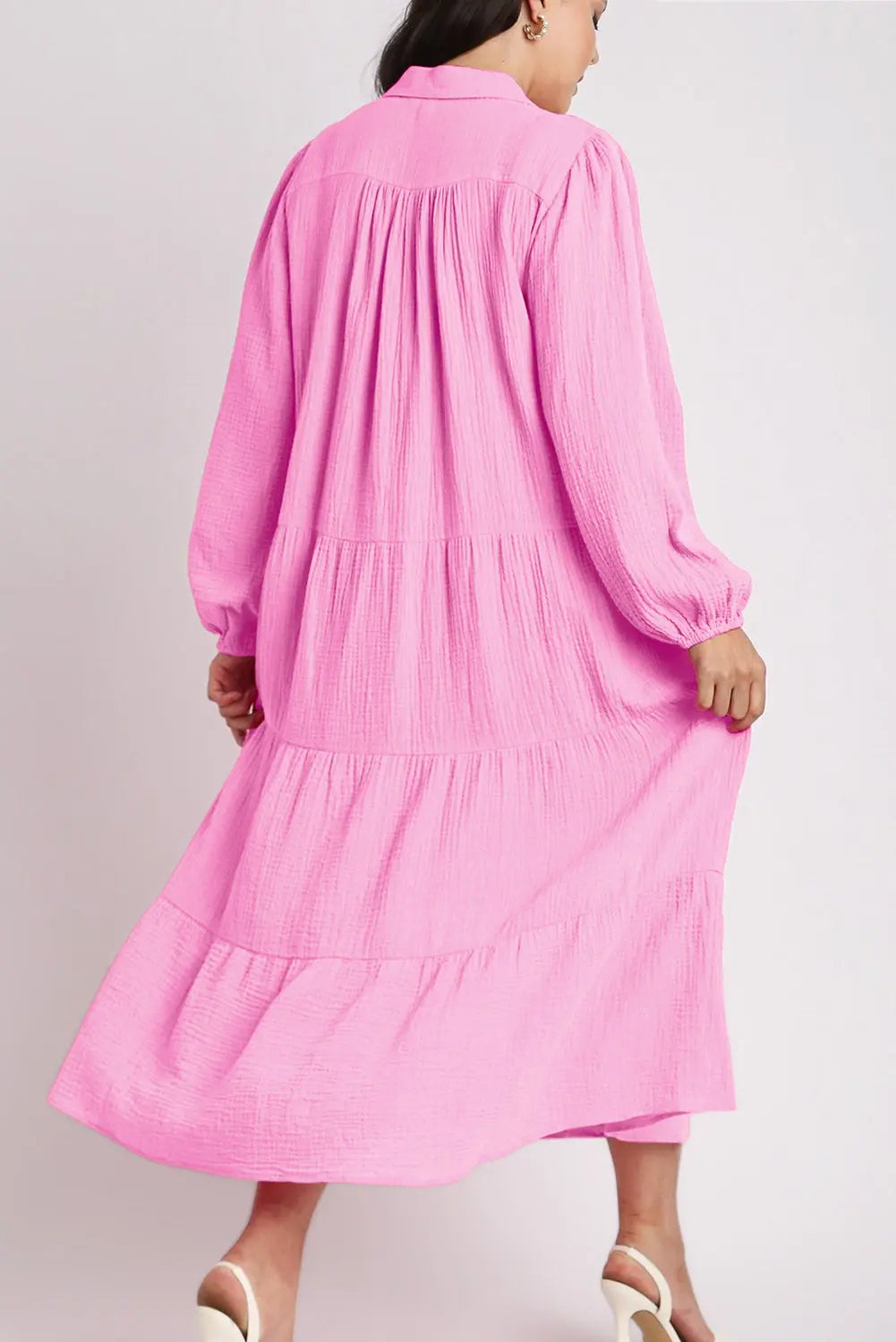 Bonbon Solid Collared V Neck Tiered Loose Fit Midi Dress Beagle Boutique Fashion Outlet