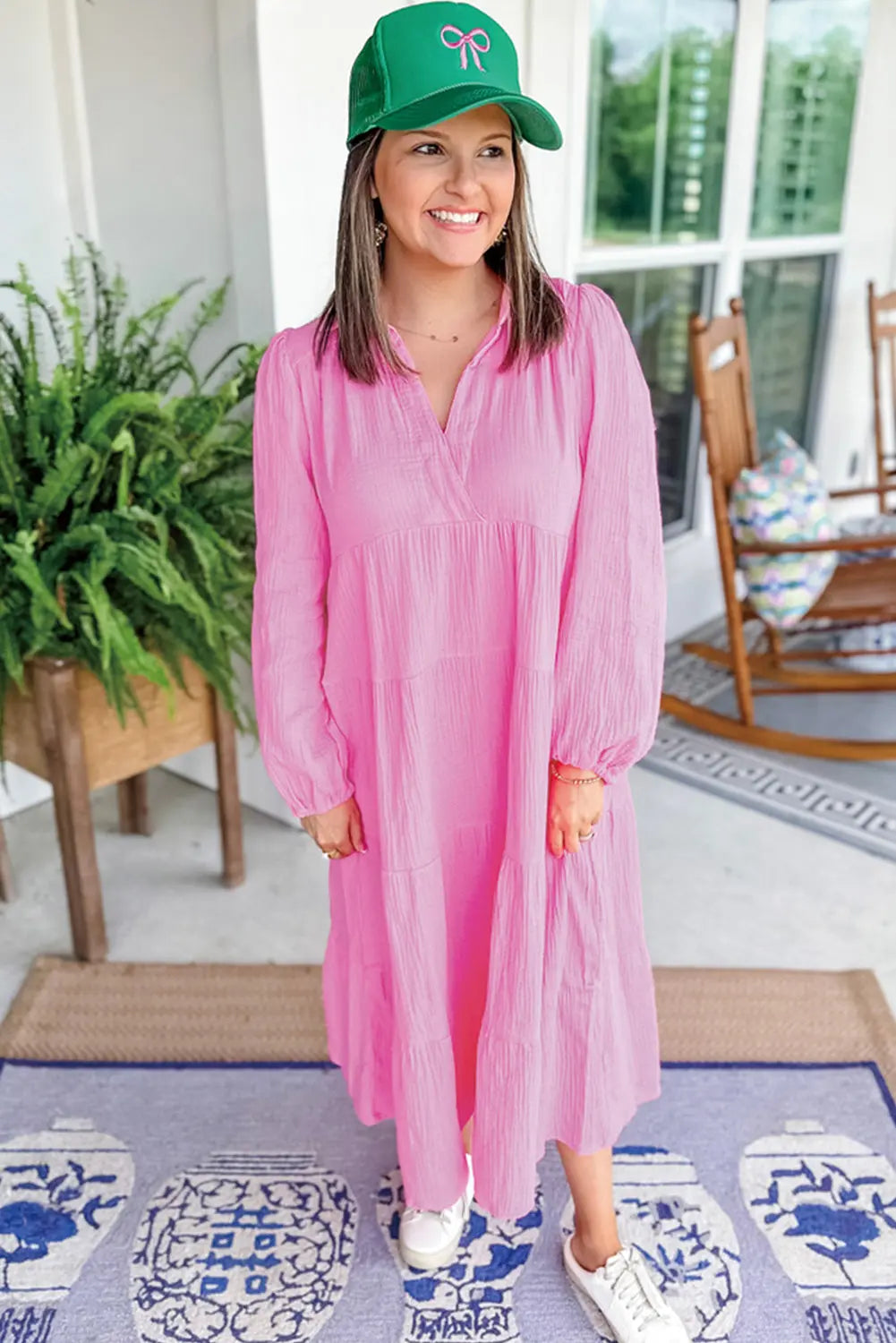 Bonbon Solid Collared V Neck Tiered Loose Fit Midi Dress Beagle Boutique Fashion Outlet