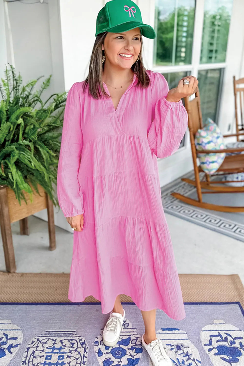 Bonbon Solid Collared V Neck Tiered Loose Fit Midi Dress Beagle Boutique Fashion Outlet