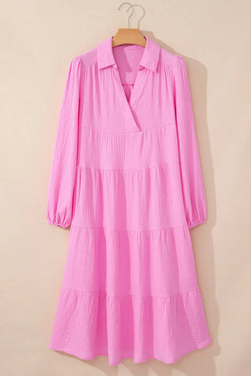 Bonbon Solid Collared V Neck Tiered Loose Fit Midi Dress Beagle Boutique Fashion Outlet