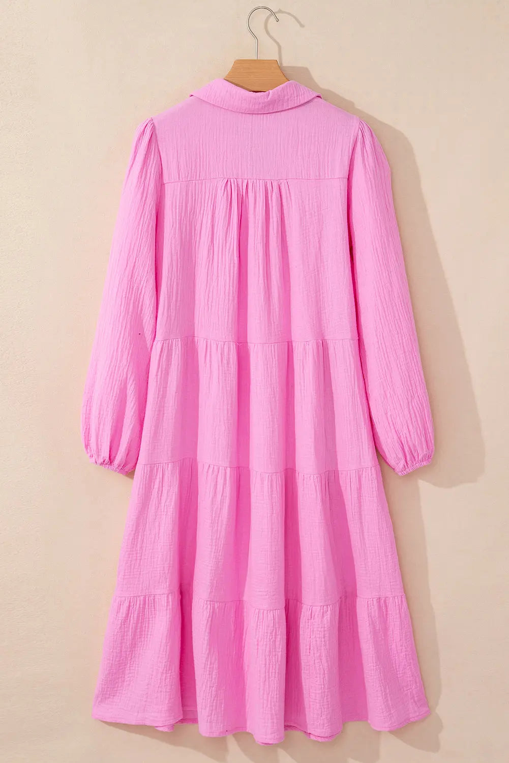 Bonbon Solid Collared V Neck Tiered Loose Fit Midi Dress Beagle Boutique Fashion Outlet