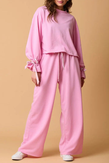 Bonbon Solid Colour Drawstring Long Sleeve Top and Trousers Set - eAura