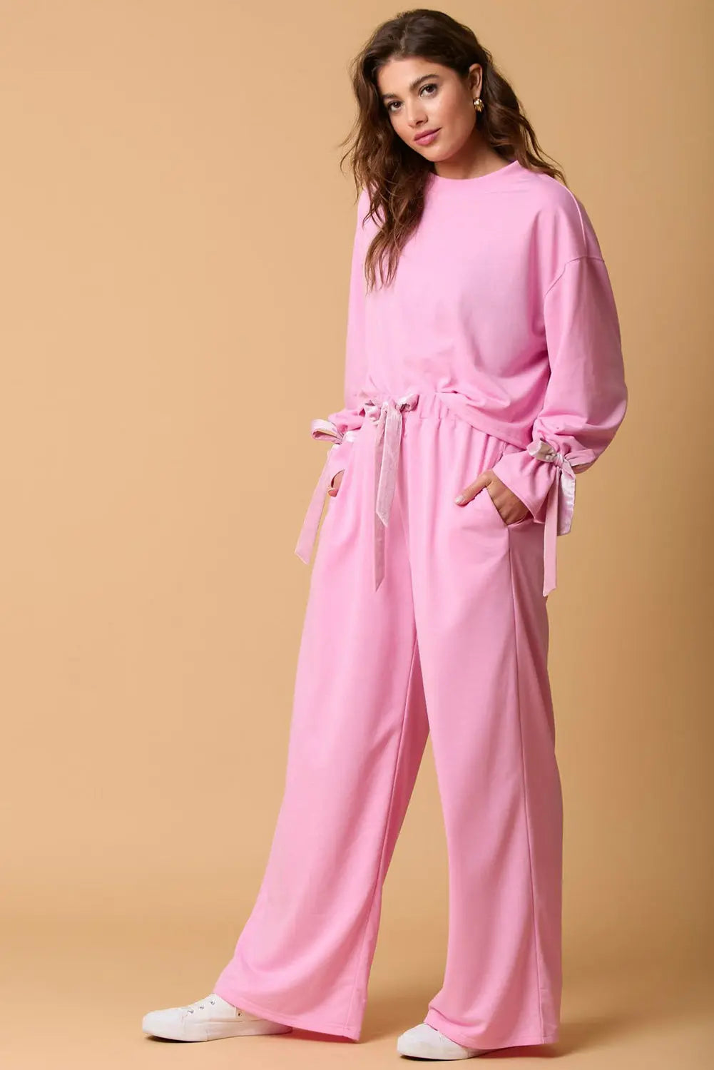 Bonbon Solid Colour Drawstring Long Sleeve Top and Trousers Set - eAura