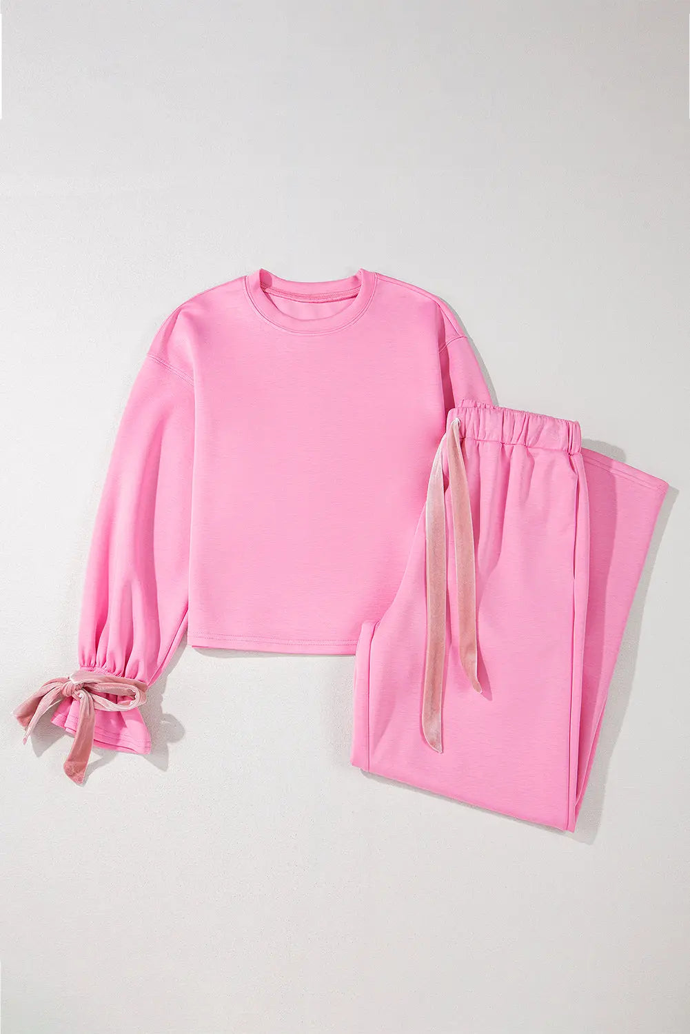 Bonbon Solid Colour Drawstring Long Sleeve Top and Trousers Set - eAura