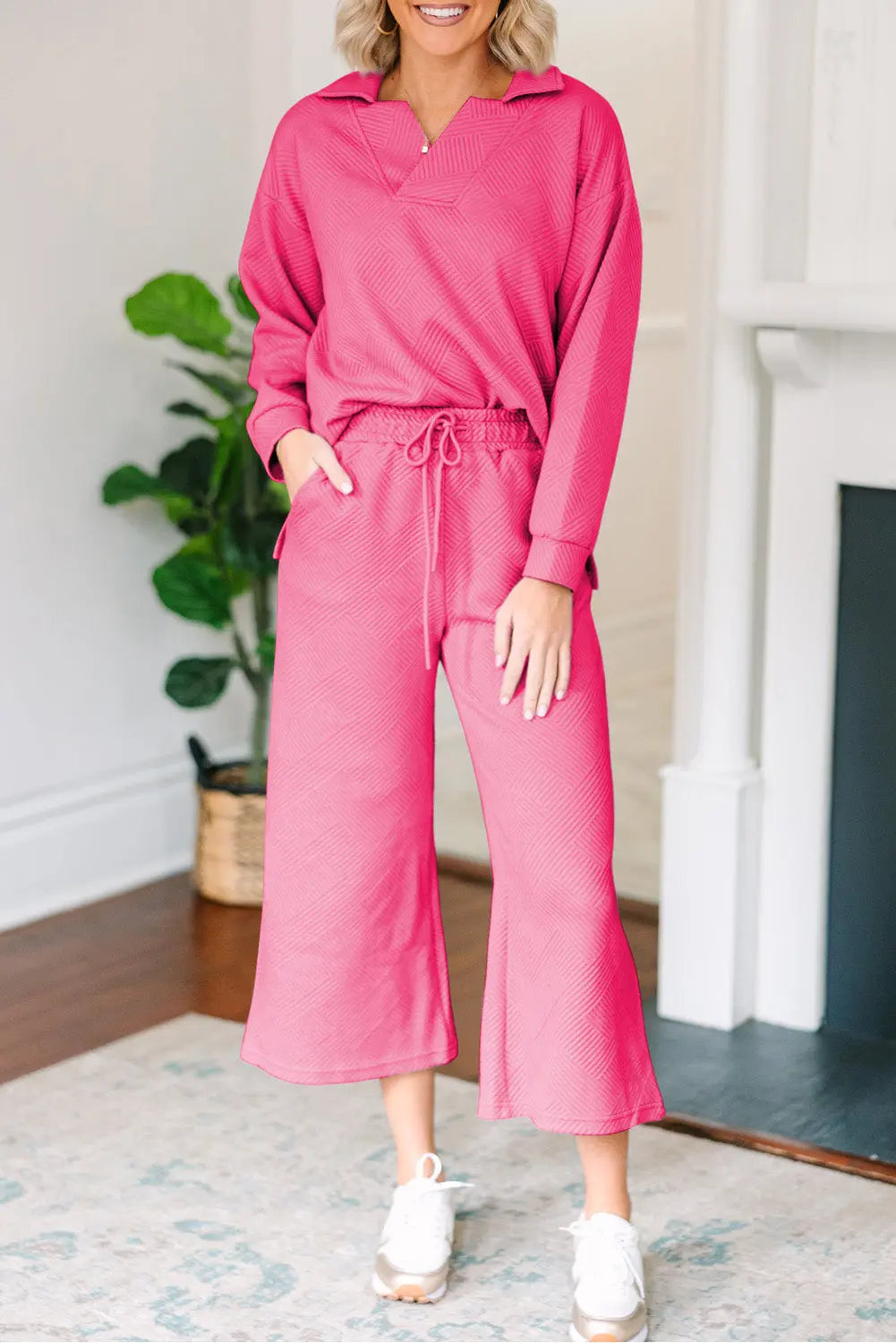 Bonbon Solid Textured Collared V Neck Top and Wide Leg Trousers Set Beagle Boutique Fashion Outlet