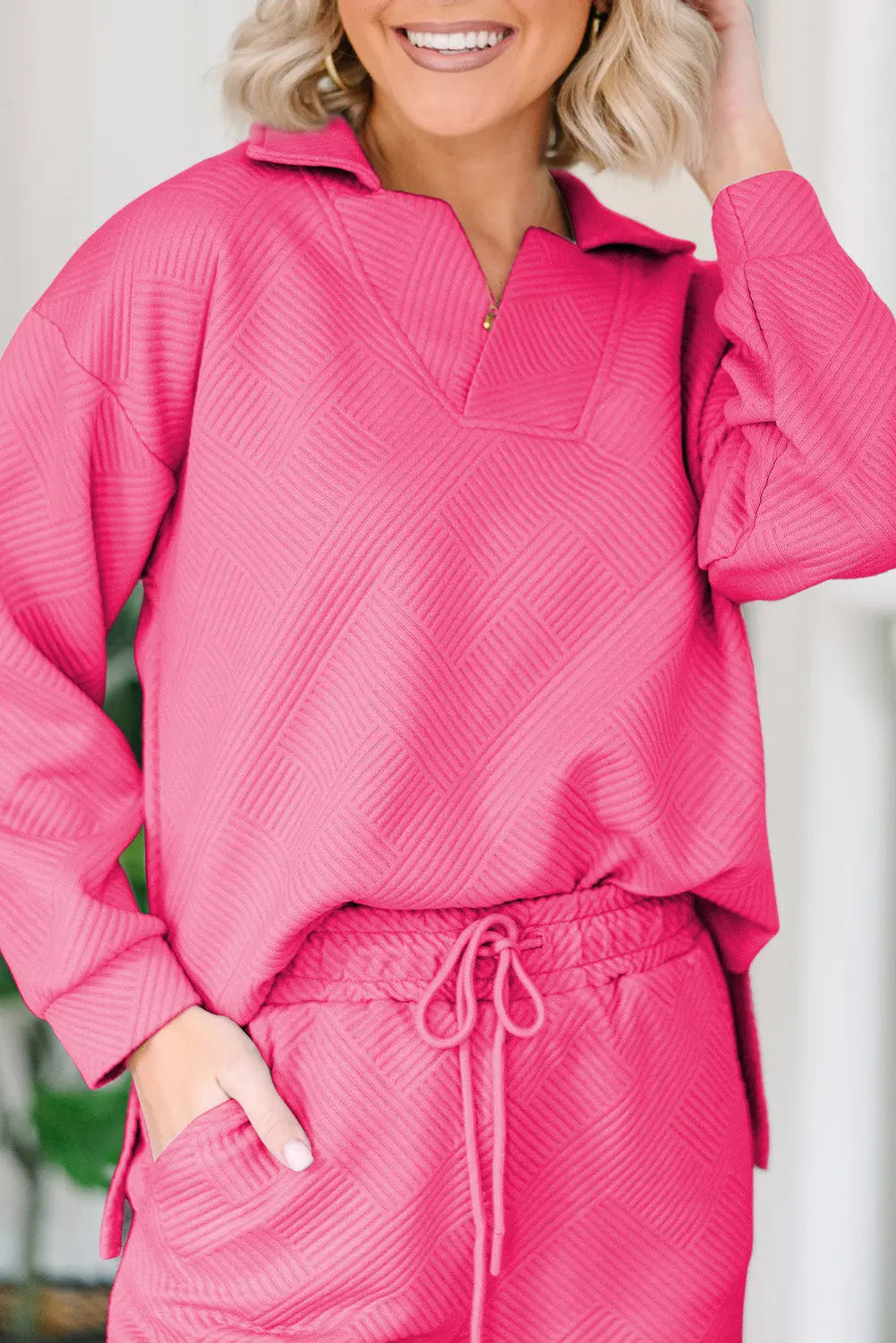 Bonbon Solid Textured Collared V Neck Top and Wide Leg Trousers Set Beagle Boutique Fashion Outlet