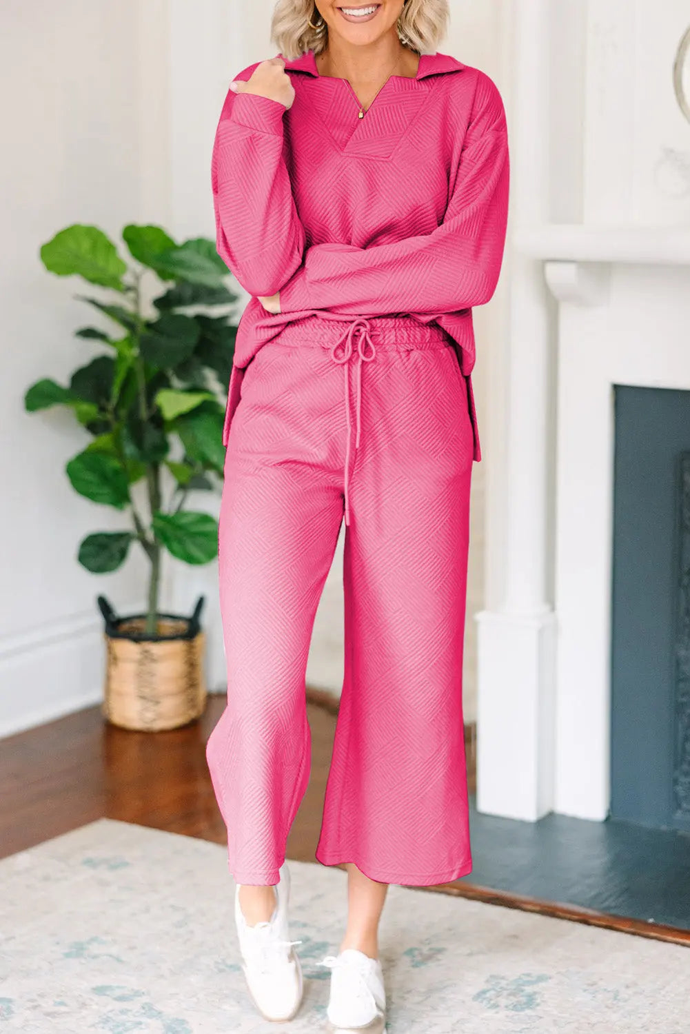 Bonbon Solid Textured Collared V Neck Top and Wide Leg Trousers Set Beagle Boutique Fashion Outlet