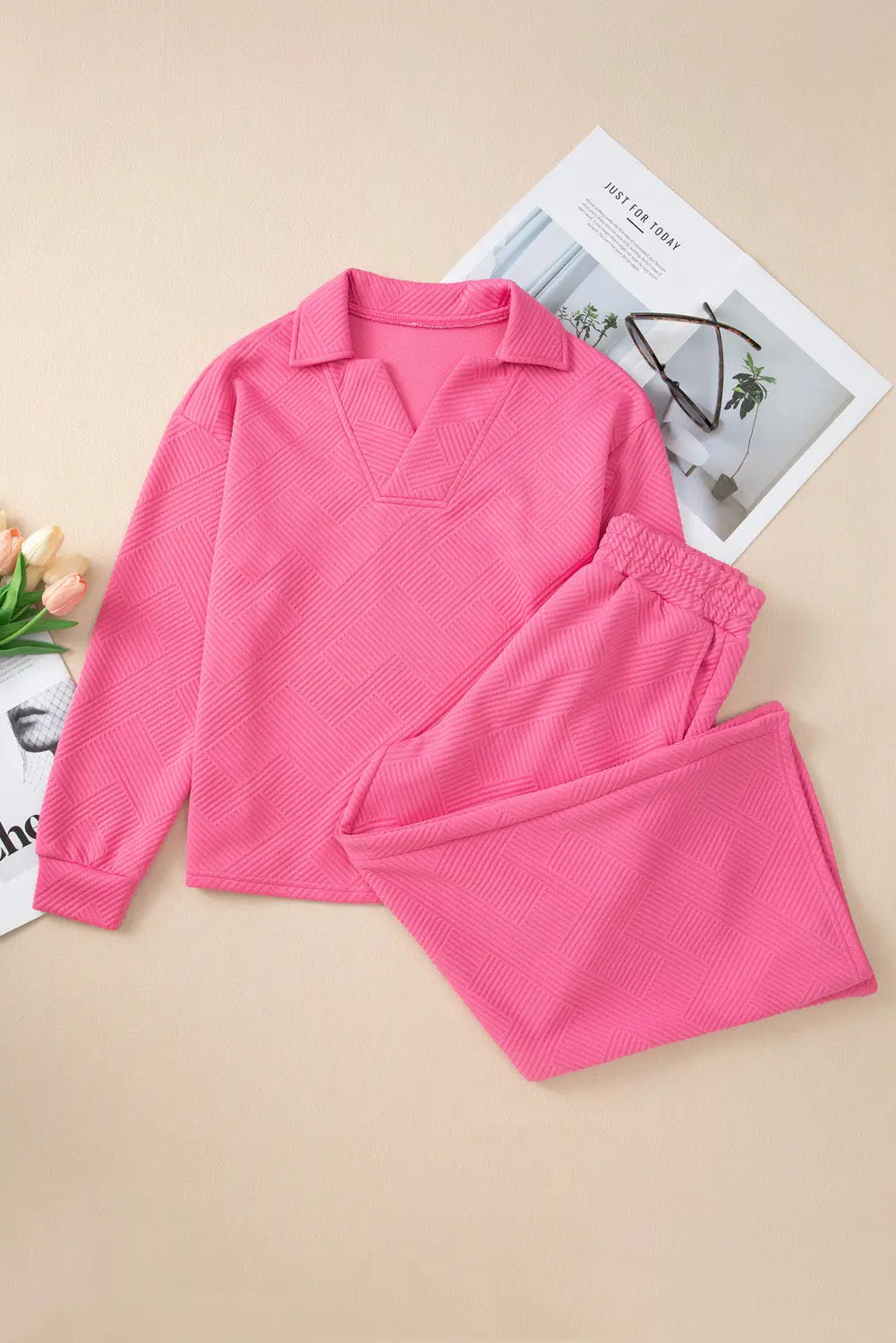 Bonbon Solid Textured Collared V Neck Top and Wide Leg Trousers Set Beagle Boutique Fashion Outlet