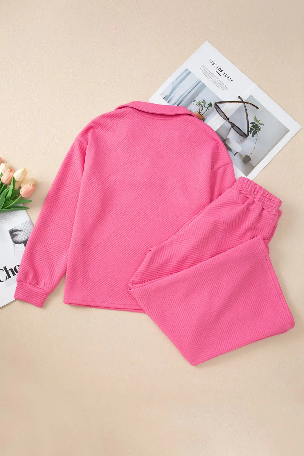Bonbon Solid Textured Collared V Neck Top and Wide Leg Trousers Set Beagle Boutique Fashion Outlet