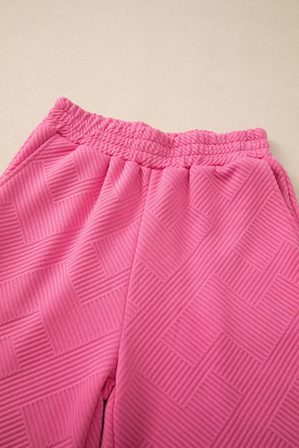 Bonbon Solid Textured Collared V Neck Top and Wide Leg Trousers Set Beagle Boutique Fashion Outlet