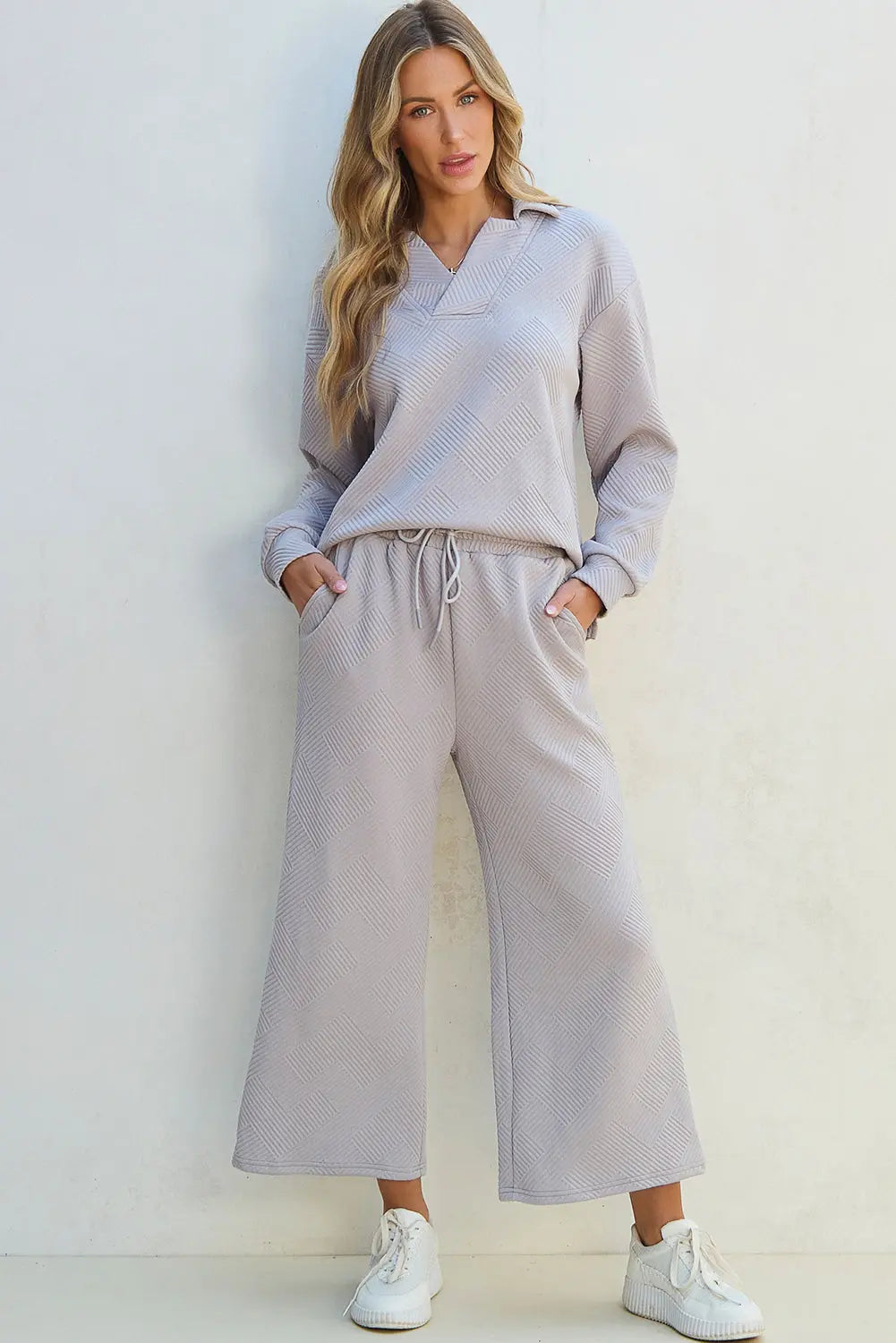 Bonbon Solid Textured Collared V Neck Top and Wide Leg Trousers Set Beagle Boutique Fashion Outlet