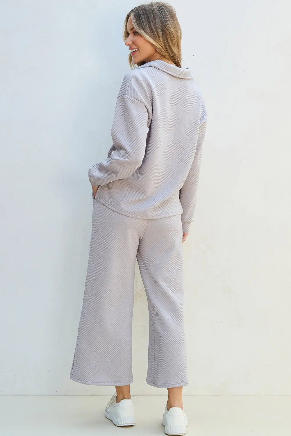 Bonbon Solid Textured Collared V Neck Top and Wide Leg Trousers Set Beagle Boutique Fashion Outlet