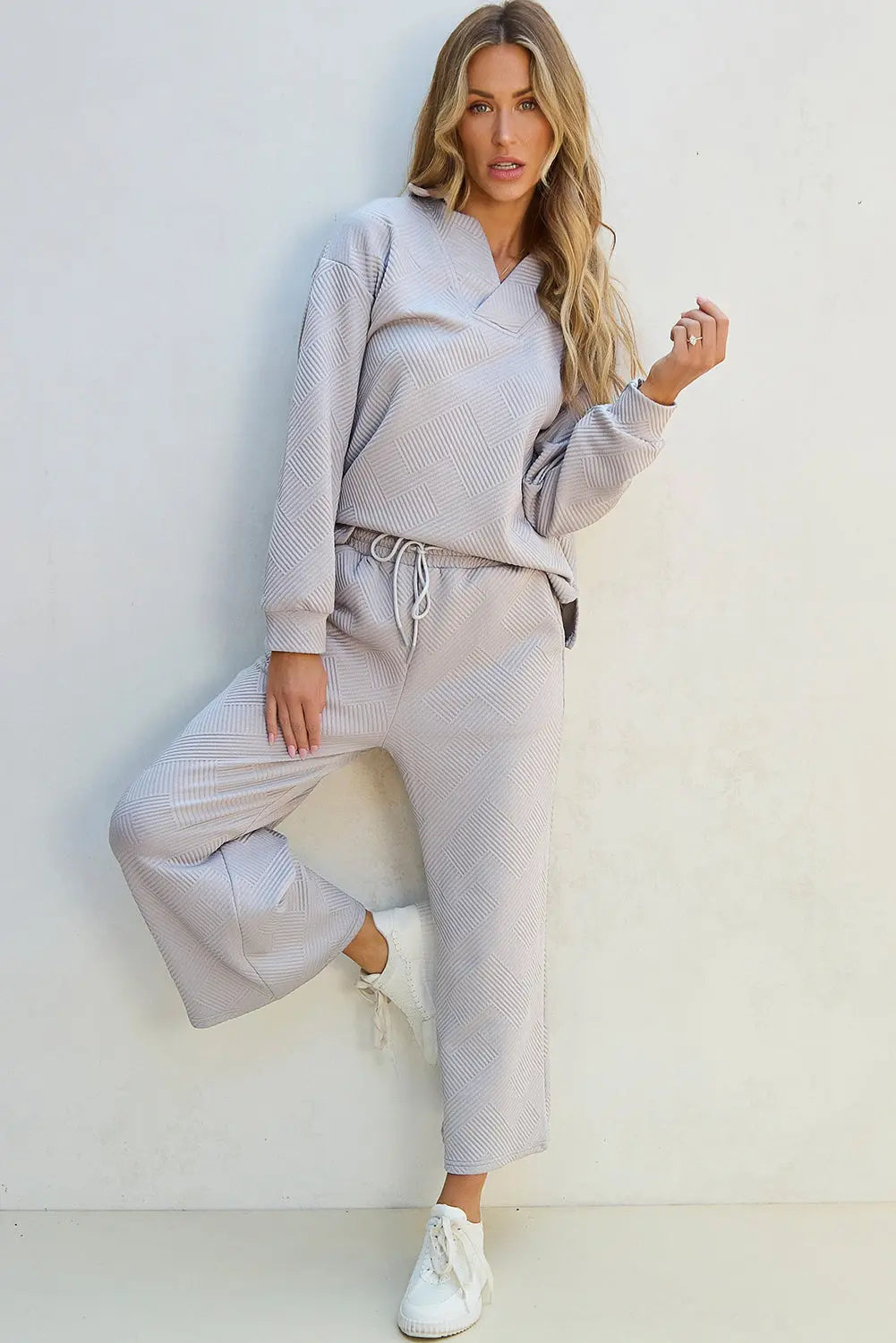 Bonbon Solid Textured Collared V Neck Top and Wide Leg Trousers Set Beagle Boutique Fashion Outlet