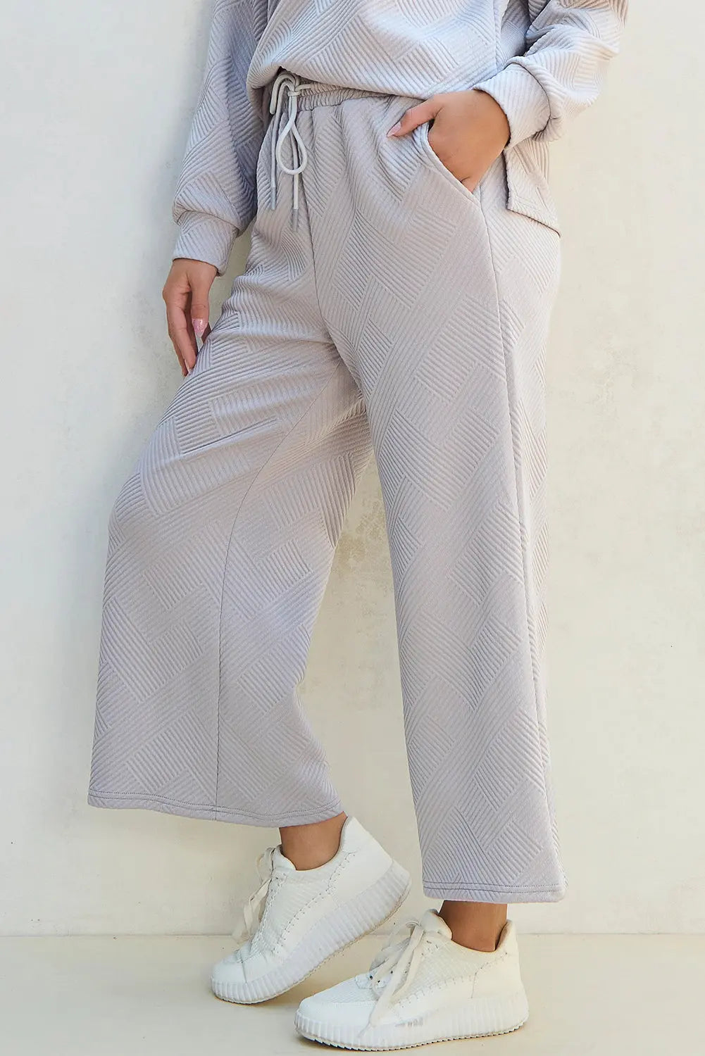 Bonbon Solid Textured Collared V Neck Top and Wide Leg Trousers Set Beagle Boutique Fashion Outlet