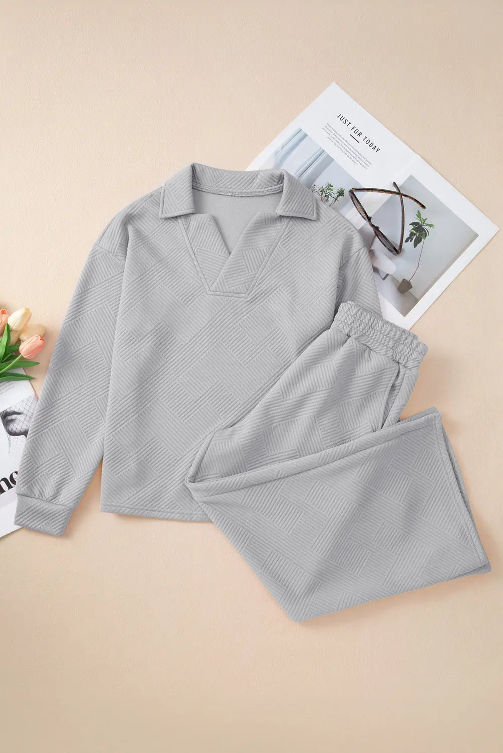 Bonbon Solid Textured Collared V Neck Top and Wide Leg Trousers Set Beagle Boutique Fashion Outlet