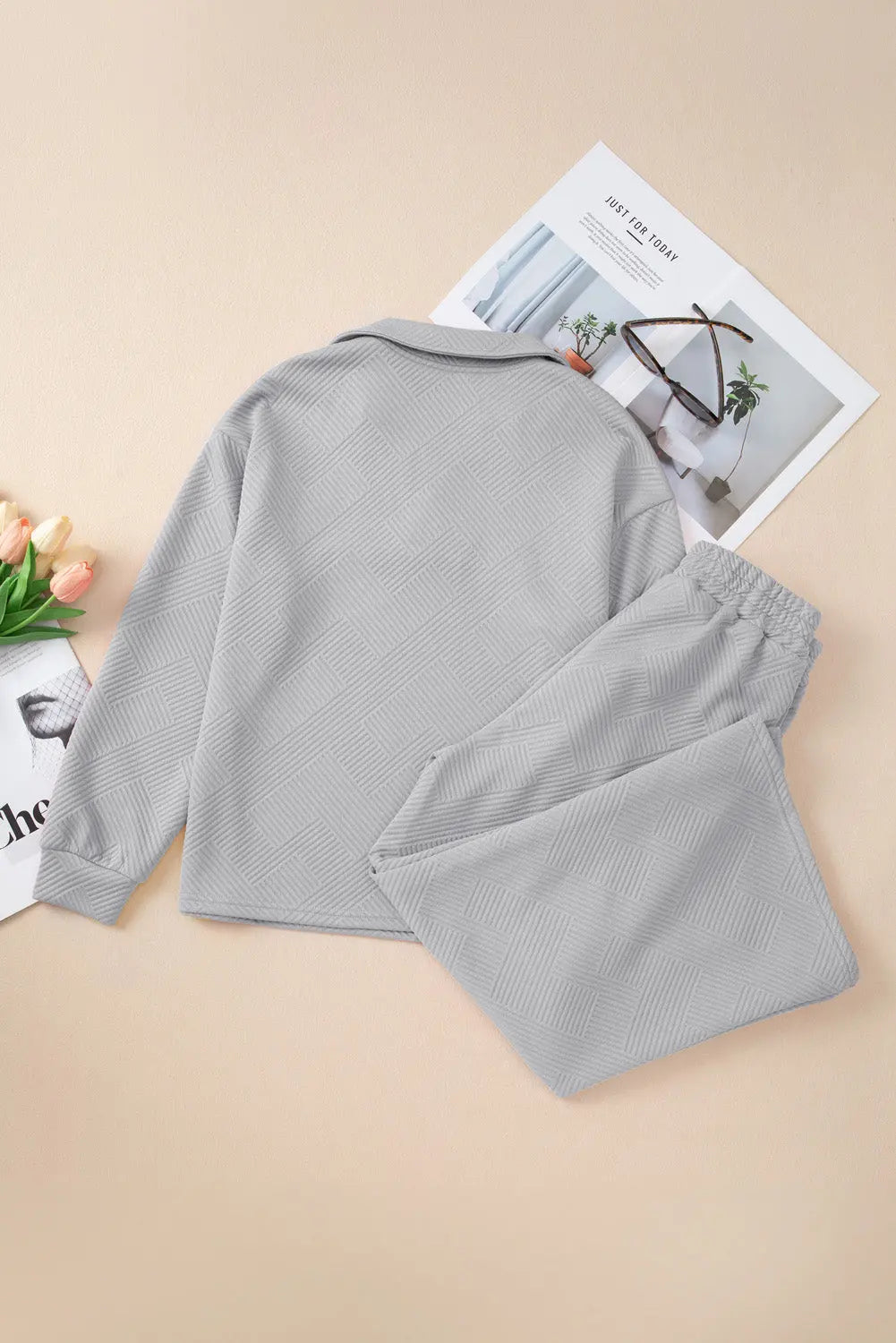 Bonbon Solid Textured Collared V Neck Top and Wide Leg Trousers Set Beagle Boutique Fashion Outlet