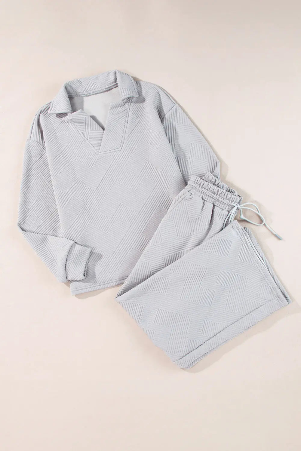 Bonbon Solid Textured Collared V Neck Top and Wide Leg Trousers Set Beagle Boutique Fashion Outlet