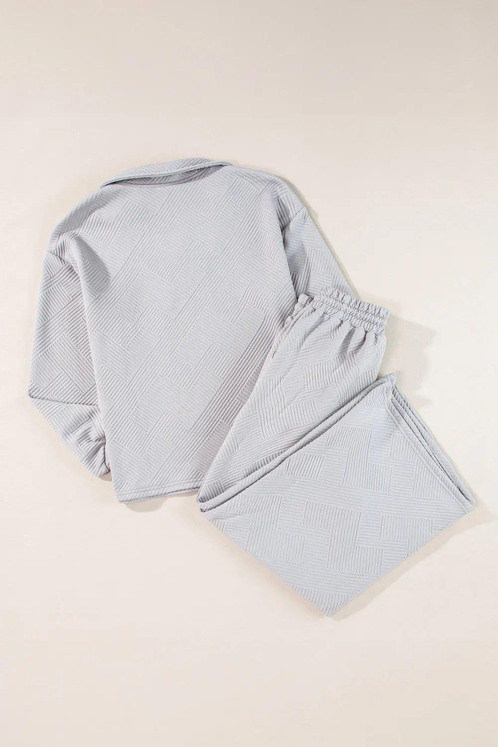 Bonbon Solid Textured Collared V Neck Top and Wide Leg Trousers Set Beagle Boutique Fashion Outlet