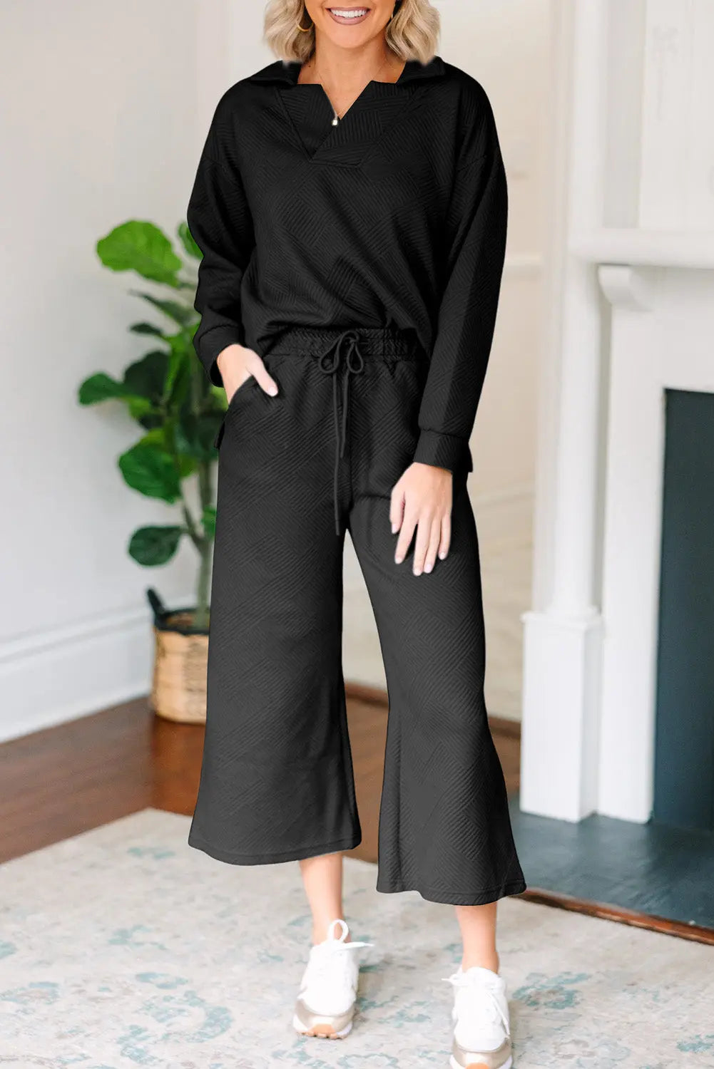 Bonbon Solid Textured Collared V Neck Top and Wide Leg Trousers Set Beagle Boutique Fashion Outlet