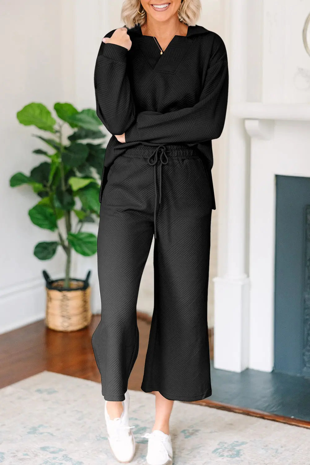 Bonbon Solid Textured Collared V Neck Top and Wide Leg Trousers Set Beagle Boutique Fashion Outlet